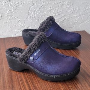 Crocs Cobbler Clogs Womens Sz 8 Leather Slides Slip On Faux Fur Shearling LIned
